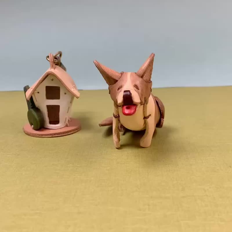 動物森林-柯基犬-真皮植鞣 皮革鑰匙圈 吊飾  動物造型 - 鑰匙圈/鑰匙包 - 真皮 卡其色