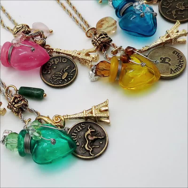 Diffuser Necklace Zodiac Signs Silver Gold Duo Color Chain Paris Tower Dangle - Necklaces - Colored Glass Multicolor