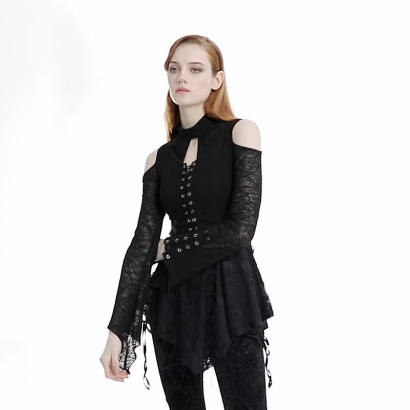 Pagan Alchemist Flower Drop Collar Top/ Faux Two Piece Design - เสื้อผู้หญิง - วัสดุอื่นๆ สีดำ