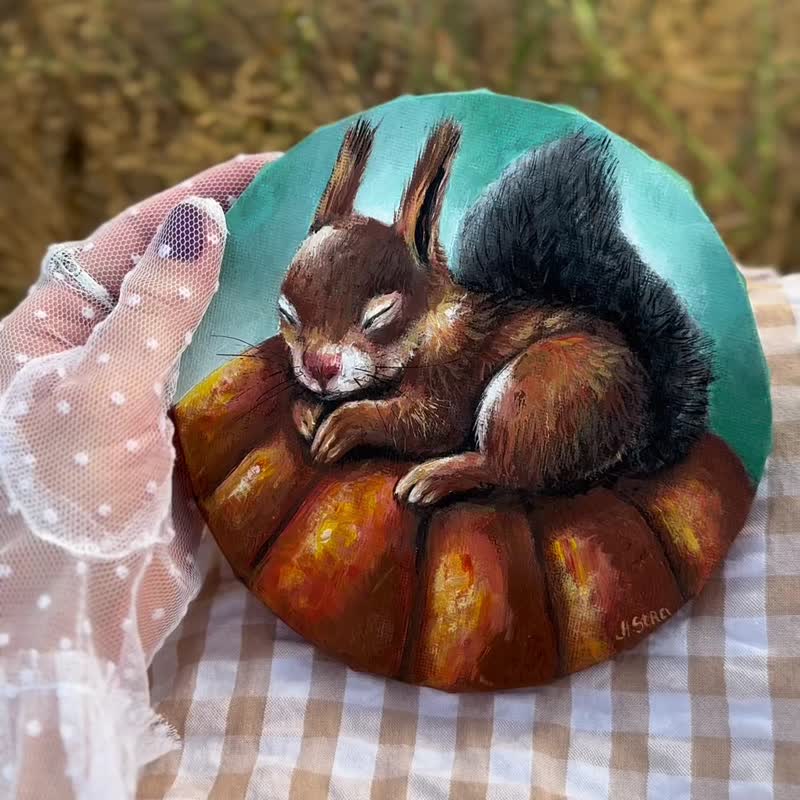 Squirrel and Pumpkin original canvas painting, Woodland cute animals, Forest art - Wall Décor - Cotton & Hemp Multicolor