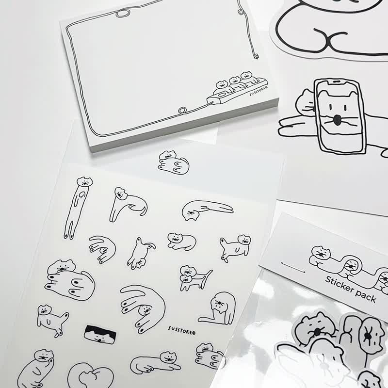 韓國 SUSSTORE - 窩在一起的貓咪 霧面貼紙包 - 共 6 張 - 貼紙 - 其他材質 白色