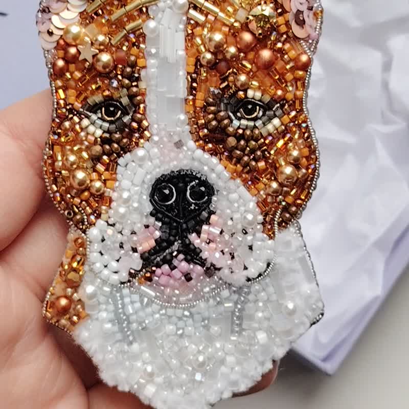 Staffordshire Terrier Dog pet portrait Jewelry brooch beaded, dog lover gift - Brooches - Glass Multicolor