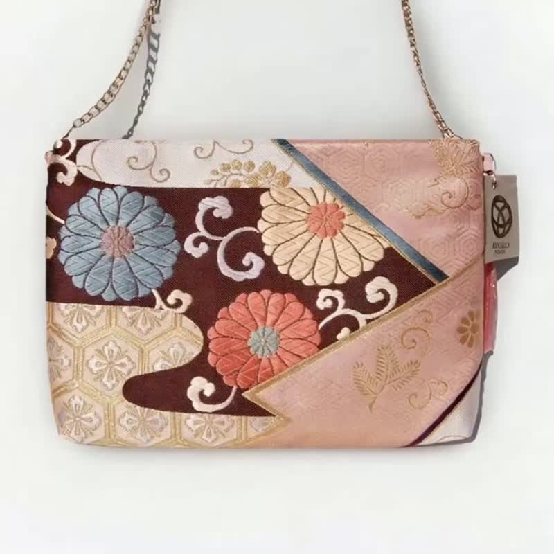 日本真絲和服袋帶肩背, 手工刺繡斜挎包, 環保再生時尚設計 - 側背包/斜背包 - 絲．絹 粉紅色