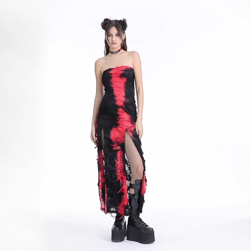 Gothic Fire Nation Warlock Tube Dress-Multicolor/red only/distressed + tie-dye process - ชุดเดรส - วัสดุอื่นๆ สีแดง