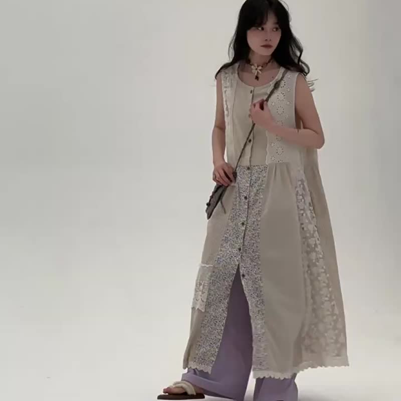 紫色花 拼接碎花蕾絲背心裙 日系文藝復古甜美設計感細肩帶長裙 - 洋裝/連身裙 - 棉．麻 卡其色