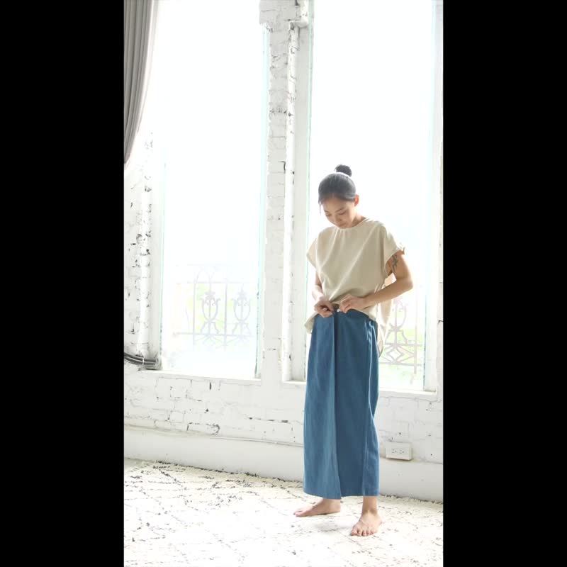 OMAKE button-front trousers/bamboo pattern blue - กางเกงขายาว - ผ้าฝ้าย/ผ้าลินิน สีน้ำเงิน