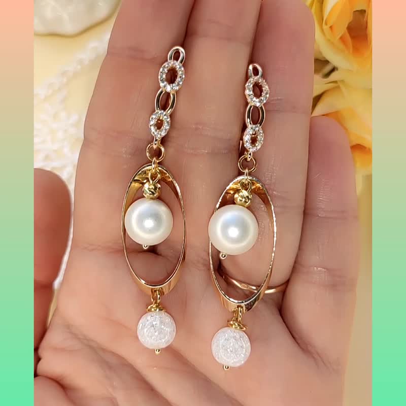 Luxury Long Pearl Gold Earrings, Wedding Pearl Dangle Drop Statement Earrings - ต่างหู - ไข่มุก ขาว