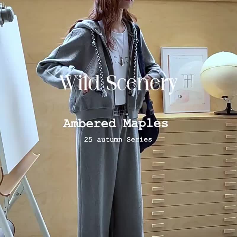 灰色套裝 街頭隨想 藝術連帽衛衣外套 格紋休閒褲 兩件套裝 - 女上衣/長袖上衣 - 棉．麻 灰色