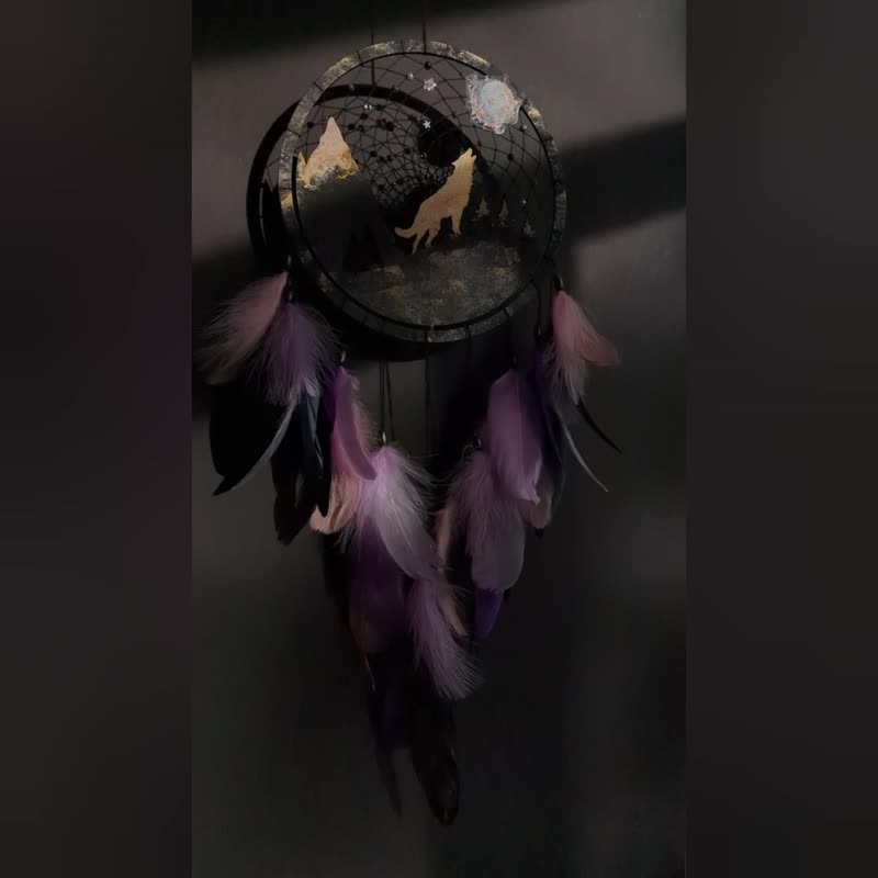 Enchanted Forest Wolf and Moon Handmade Purple Black  Dream Catcher | Handmade - ตกแต่งผนัง - ไม้ สีม่วง