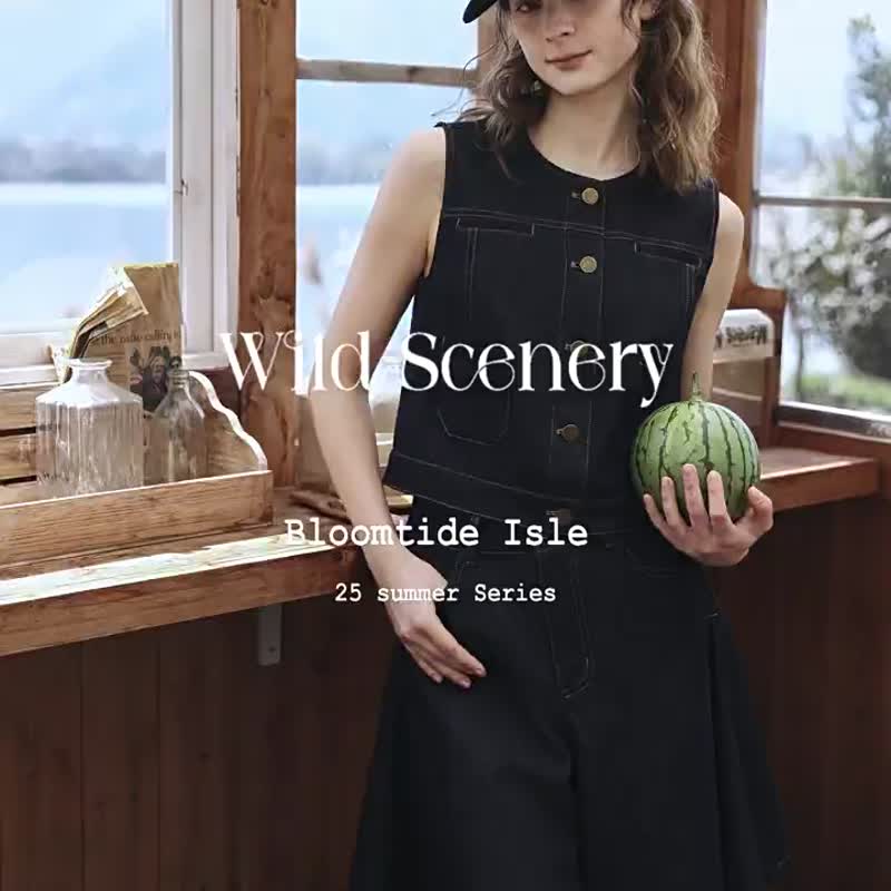 北歐丹寧 北歐風酷女孩牛仔套裝 短款馬甲 A字牛仔裙褲 - 女上衣/長袖上衣 - 棉．麻 藍色