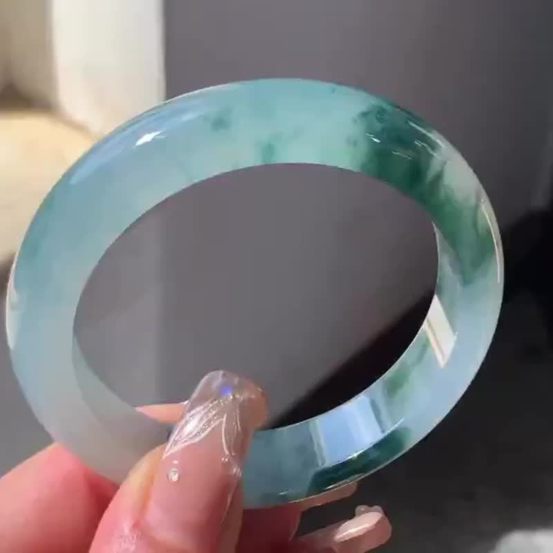 天然冰種翡翠玉鐲 A玉手鐲 玉鈪 • 冰種水墨丹青翡翠福鐲 - 手鍊/手環 - 玉石 藍色