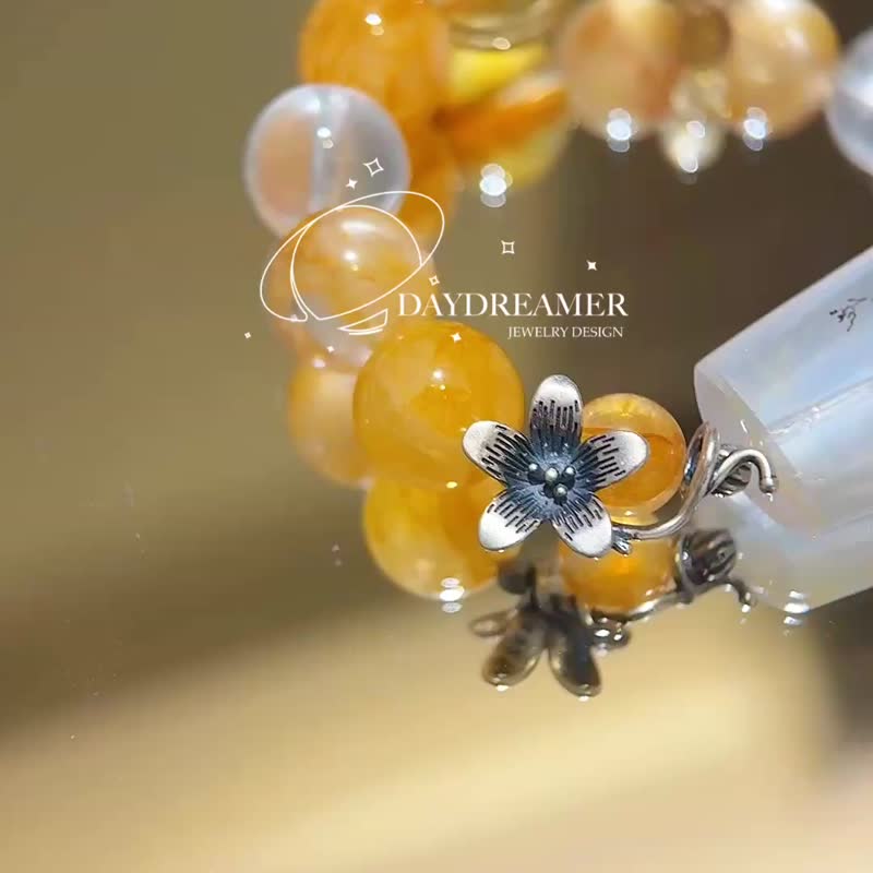 黃膠花小樹膠花白水奶白晶金髮晶S925純銀設計款手鏈 - 手鍊/手環 - 水晶 橘色
