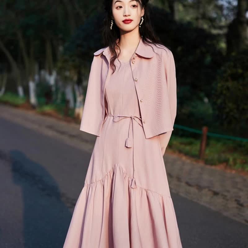 Early spring reduced collar shirt + halter fishtail skirt dress two-piece small - One Piece Dresses - Other Materials Pink