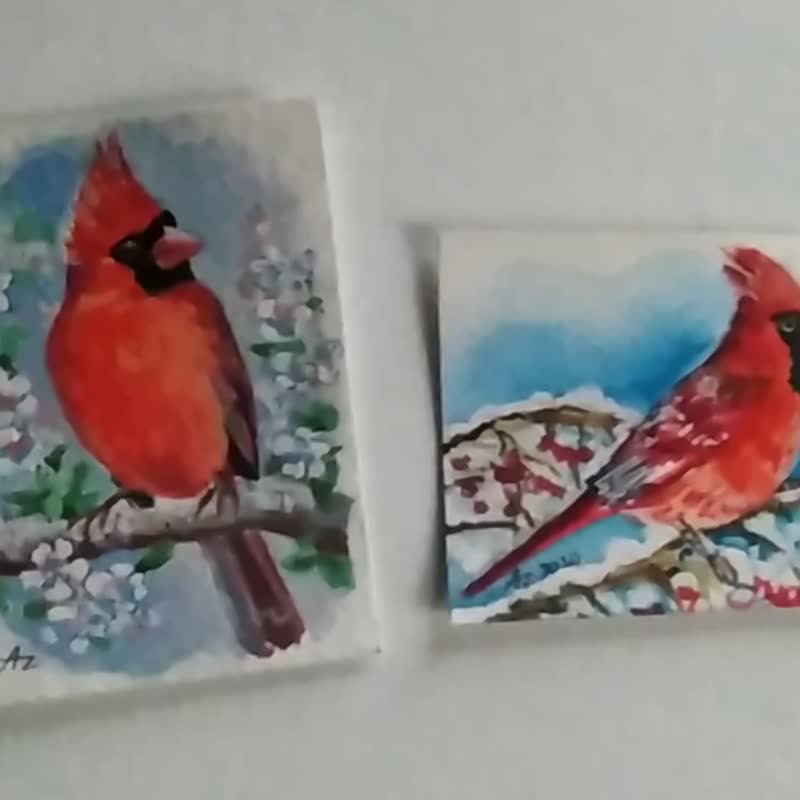 Cardinal Painting ACEO Bird Original Art Set Watercolor Small Art Card Animal - 掛牆畫/海報 - 其他材質 紅色