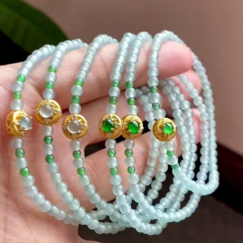 冰種天然翡翠A玉玉珠玉鏈手鏈頸鏈 • 925銀鑲翡翠小米珠手串 - 手鍊/手環 - 玉石 藍色