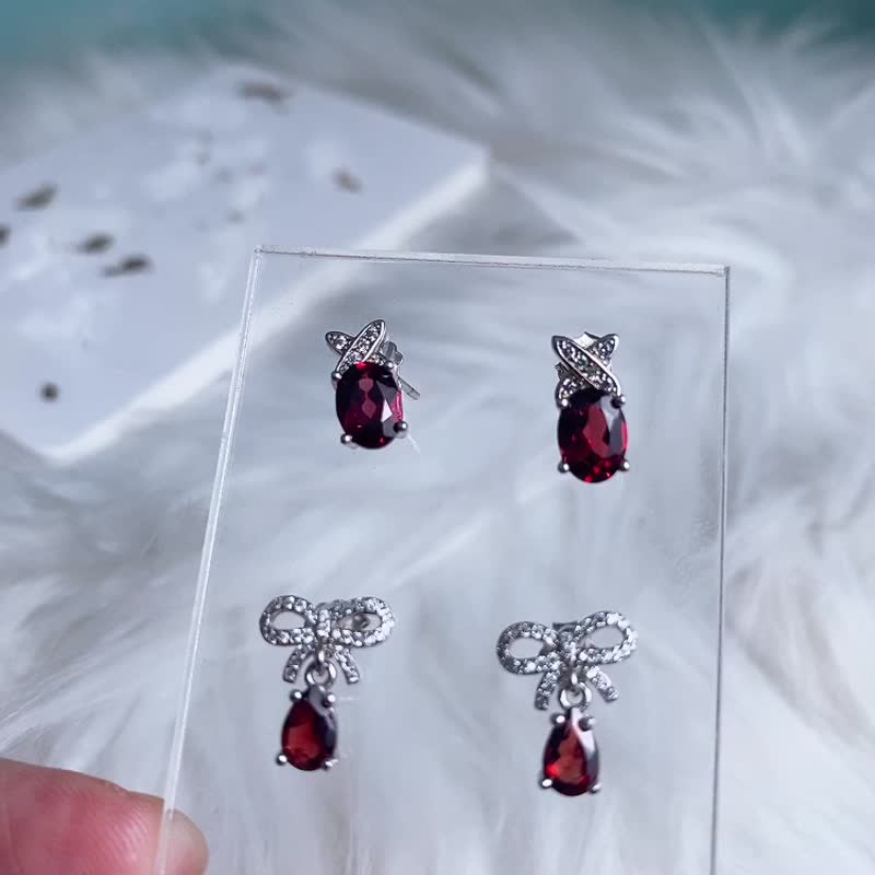Classic style ear acupuncture bow ear acupuncture red pomegranate Gemstone January birthstone anti-allergic ear acupuncture in stock - Earrings & Clip-ons - Sterling Silver 