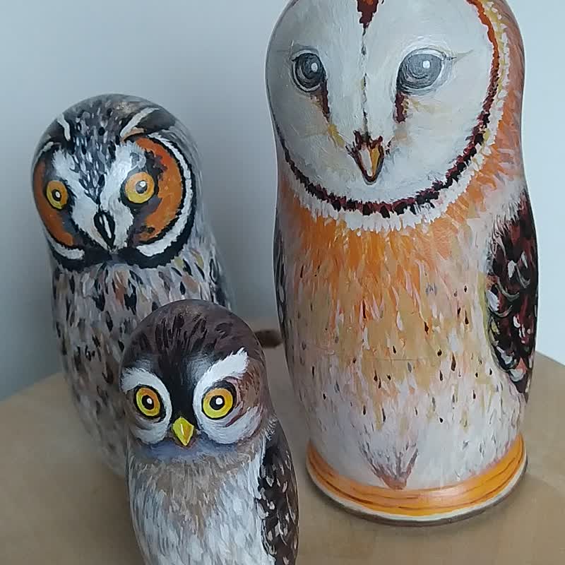 Matryoshka Owls Original Art Wood Owl Painting Nesting Dolls Art Bird Artwork - 擺飾/家飾品 - 木頭 咖啡色
