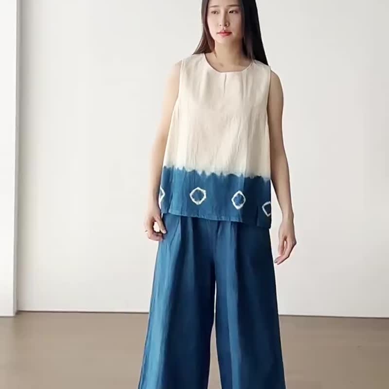 【棉麻手工藍染】 寬松無袖背心 三色 - 背心/無袖上衣 - 棉．麻 白色