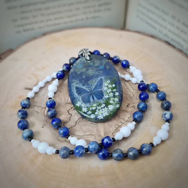 Blue moth, butterfly on daisies. Lapis lazuli stone. Laquer miniature - Necklaces - Stone Blue