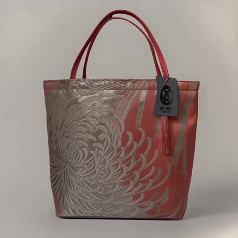 獨一無二真絲和服袋帶托特包, 日本手工刺繡升級改造包, 和風藝術 - 手提包/手提袋 - 絲．絹 粉紅色