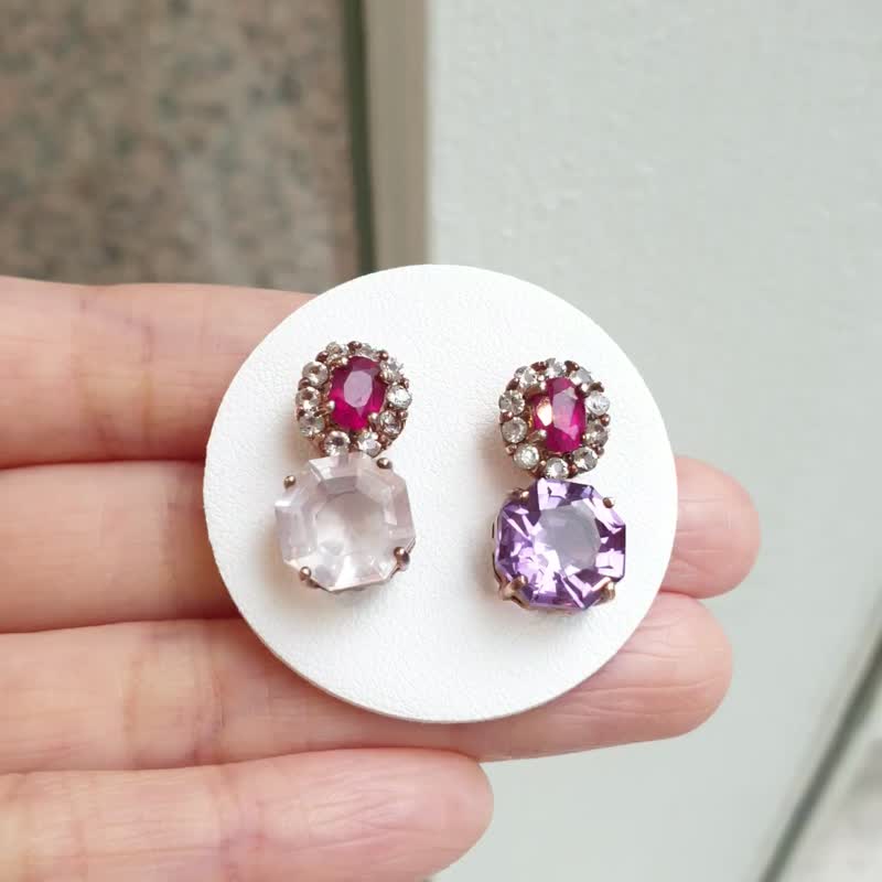 Ruby earrings with White topaz, Rose quartz, Amethyst, detachable earrings - 耳環/耳夾/耳骨夾 - 寶石 多色