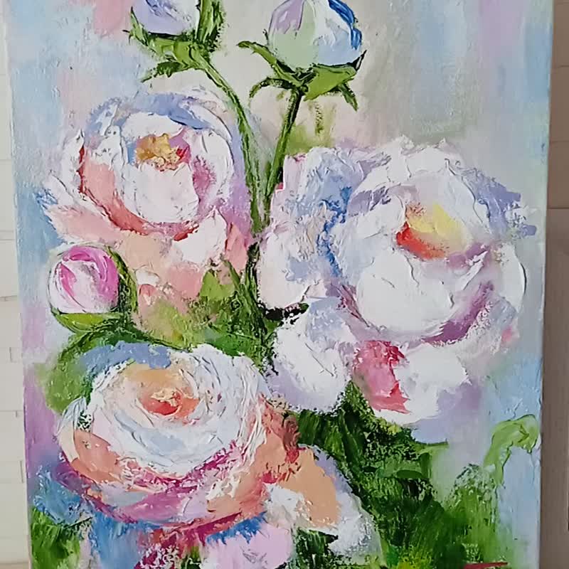 Flowers art painting Original painting White peonies oil painting on canvas - 壁貼/牆壁裝飾 - 其他材質 多色