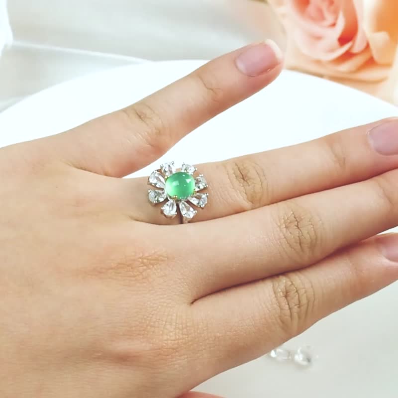 Taiwan Sapphire Series||Flowers Blooming and Prosperity|| Taiwan Sapphire Egg Ring - แหวนทั่วไป - เงิน สีเขียว