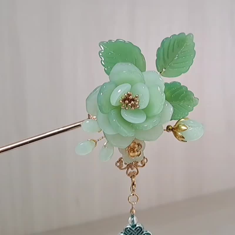 Ancient Style Glazed Series [Green Jade Rose] ~ Styling Hairpin (Including Movable Tassels) - Hair Accessories - Glass Green