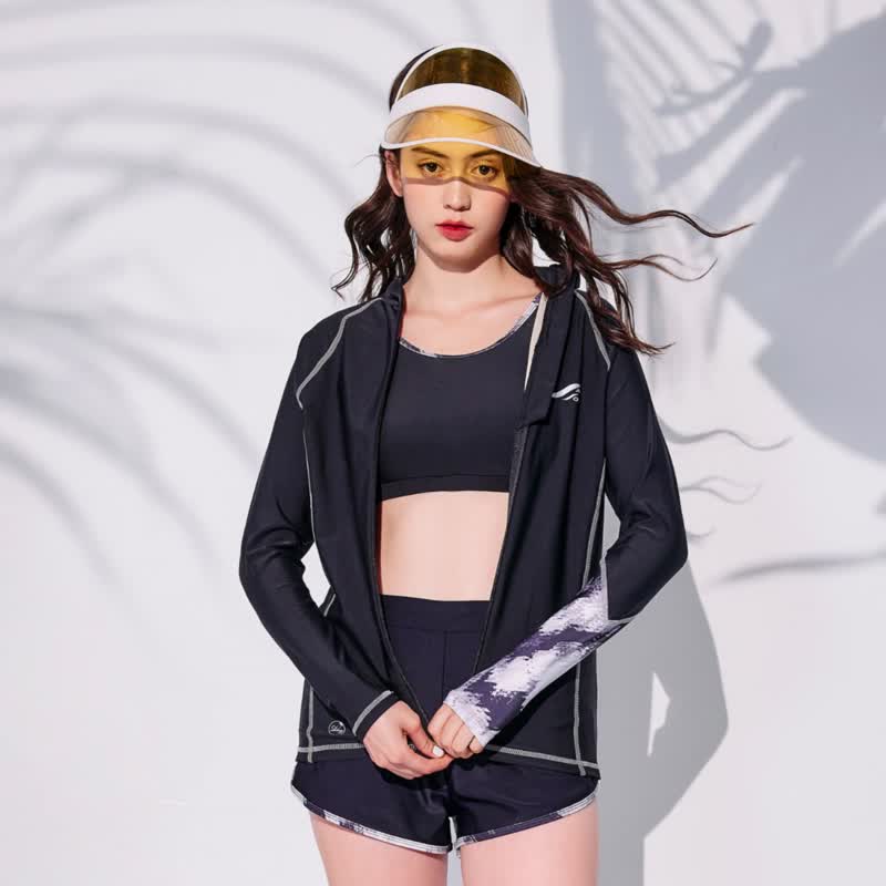MIT 長袖 三件式防曬泳裝 - 女泳衣/比基尼 - 尼龍 黑色