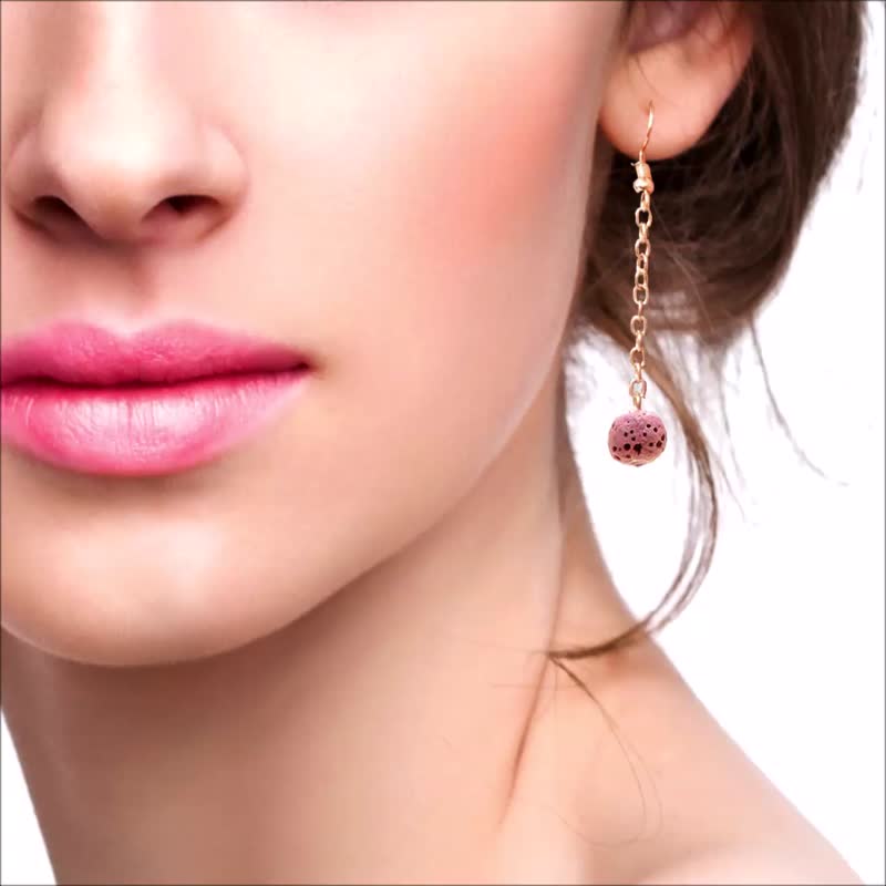 Dangle Hook Piercing Diffuser Earrings with Pink Aroma Rock Lava Beads - ต่างหู - หิน สึชมพู
