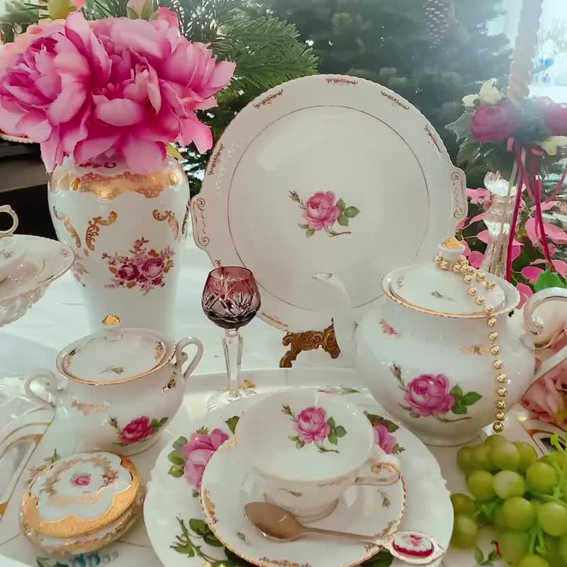 1950 German hand-painted hand-painted bone china flower tea cup two-piece set three-dimensional hand-painted relief - Teapots & Teacups - Porcelain Pink