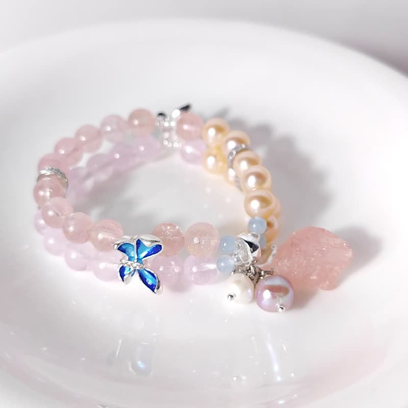 Ice morganite Stone pearl enamel butterfly popular spring 2-row bracelet single product - สร้อยข้อมือ - เครื่องเพชรพลอย สึชมพู