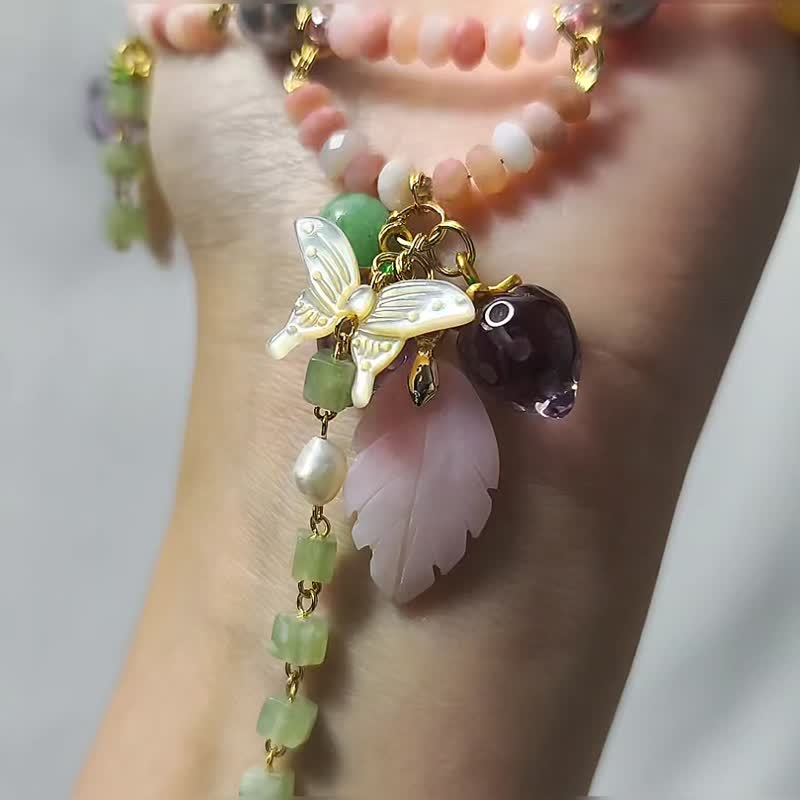 粉紅蛋白 紫黃晶 珍珠母貝 綠紋石 岫玉 春意盎然 手鍊 單品 禮物 - 手鍊/手環 - 寶石 多色
