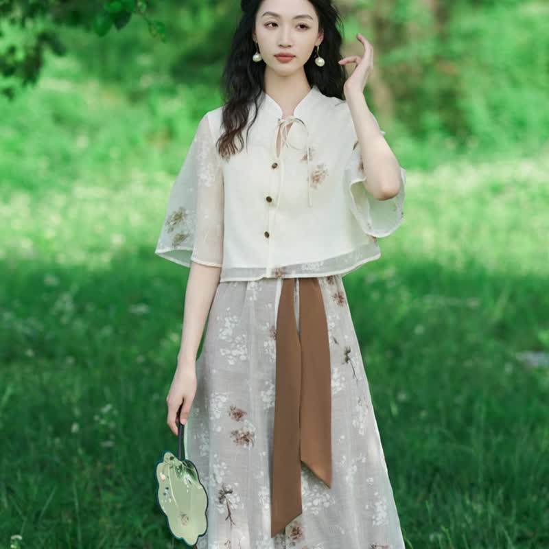 New Chinese style tops, seven-point skirts and pants, Chinese style dresses, summer wear, literary retro, high-end fashion suits - One Piece Dresses - Other Materials White