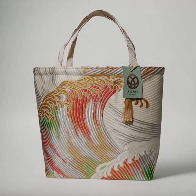 獨一無二真絲和服袋帶托特包, 日本手工刺繡升級改造包, 和風藝術 - 手提包/手提袋 - 絲．絹 銀色