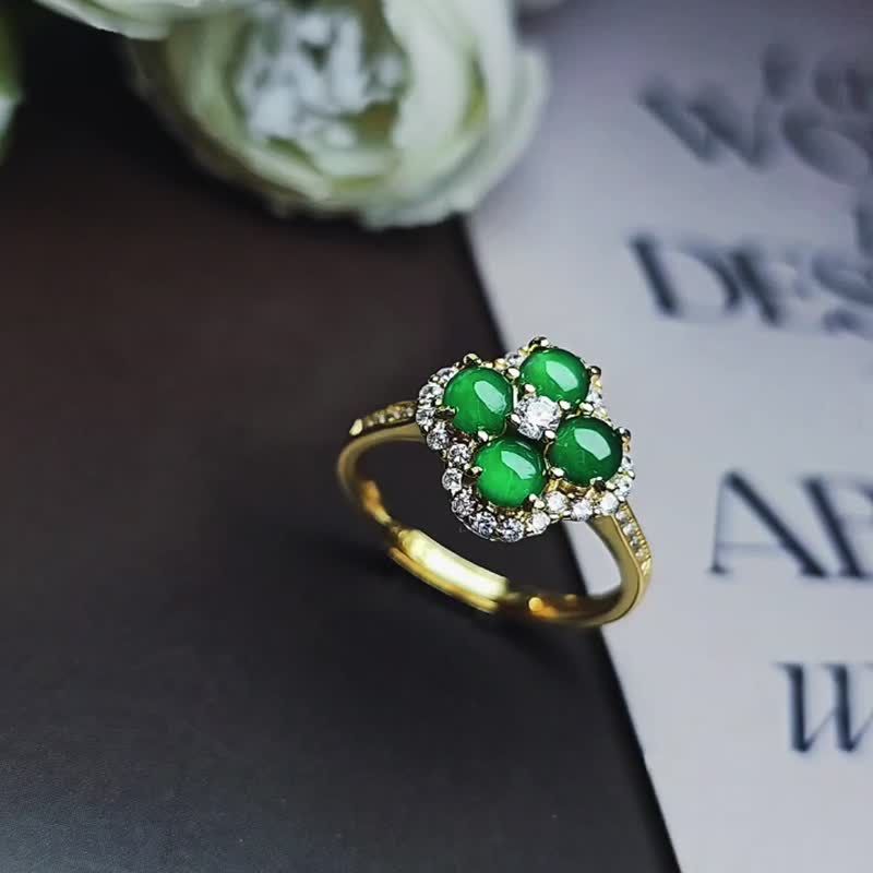 Endless wealth | Clover | Grade A jade ice glass luminous green cabochon sterling silver four-leaf clover ring - แหวนทั่วไป - หยก 