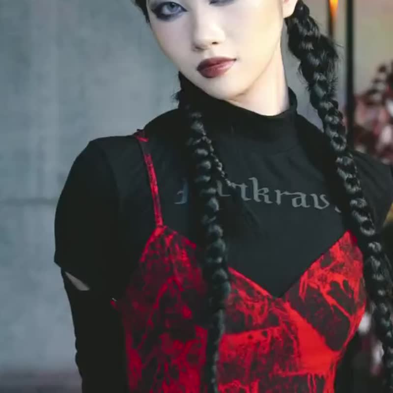 龐克生化人儀式細肩帶連身裙 / 附腰帶 - 洋裝/連身裙 - 其他材質 紅色