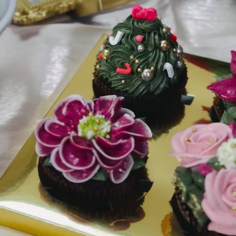 【聖誕禮盒】六入耶誕花園金裝大杯蛋糕禮盒/聖誕樹/玫瑰花/3天內 - 蛋糕/甜點 - 新鮮食材 紅色