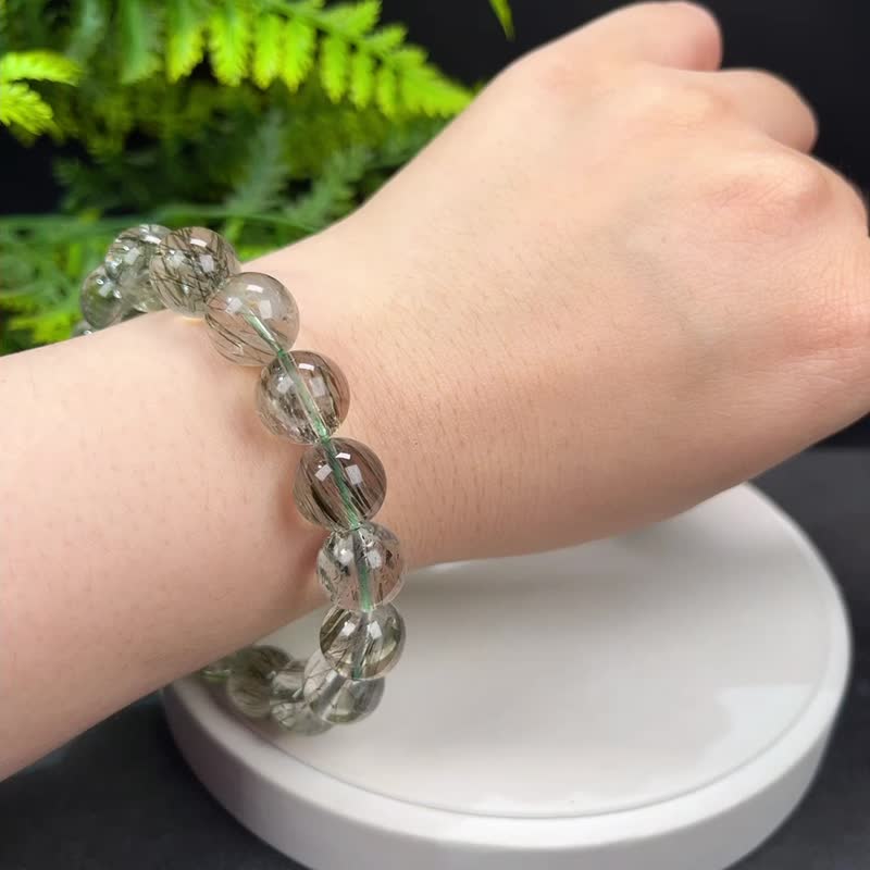 天然綠色碧璽髪晶手串12.5mm冰透綠色髪絲水晶男女正財能量凈化 - 手鍊/手環 - 寶石 綠色