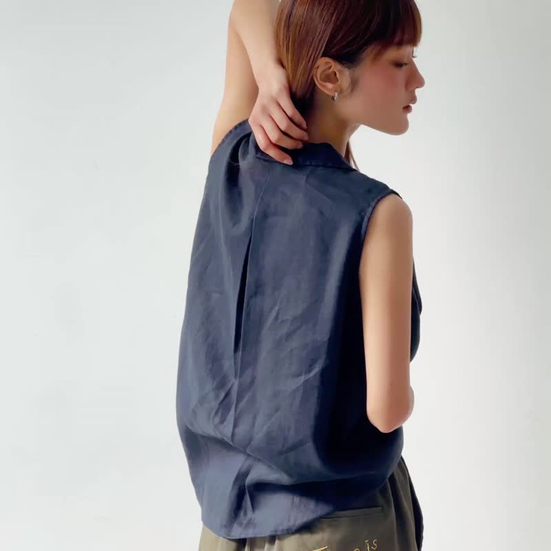 Linen Hawaii Collar Sleeveless Shirts - Dark Blues - Women's Shirts - Linen Blue