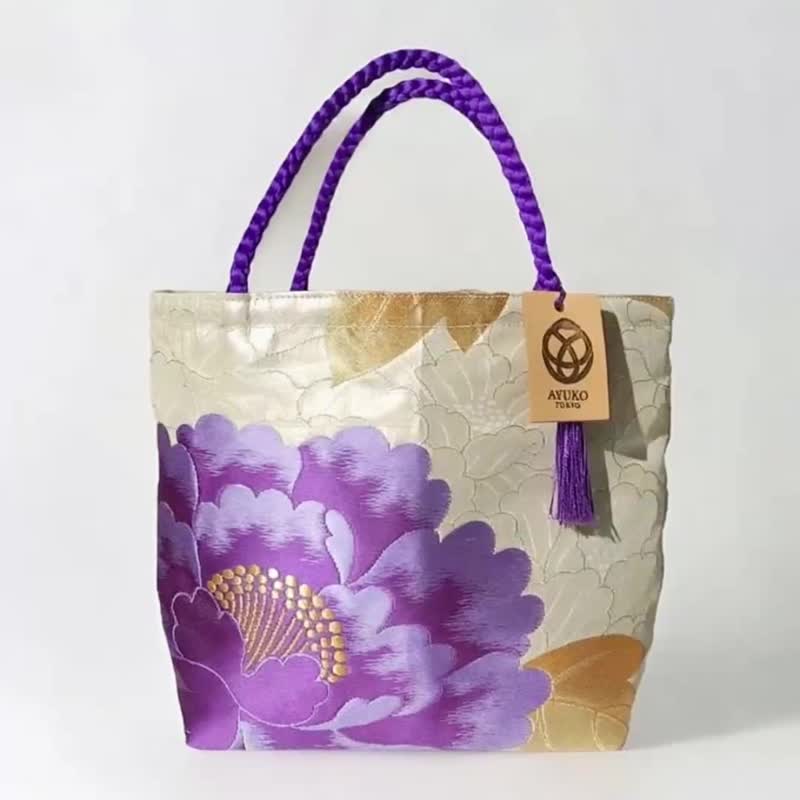 獨一無二100%絲質和服袋帶托特包 | 手工刺繡 | 日本藝術手提包 - 手提包/手提袋 - 絲．絹 紫色