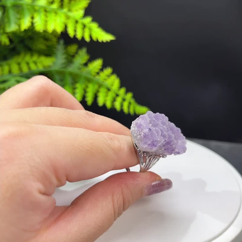 薰衣草紫水晶活口戒指 原石標本隨形腰果星光閃片手工指環 S925銀 - 戒指 - 水晶 紫色