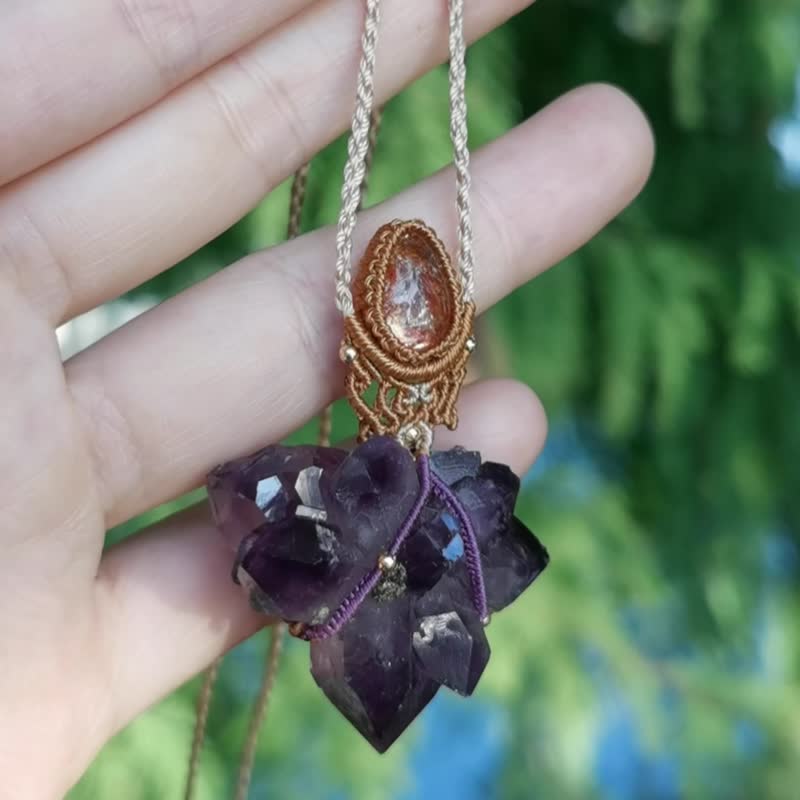 天然烏拉圭紫水晶花太陽石青金石多重組合項鏈 紫水晶晶簇 - 項鍊 - 水晶 