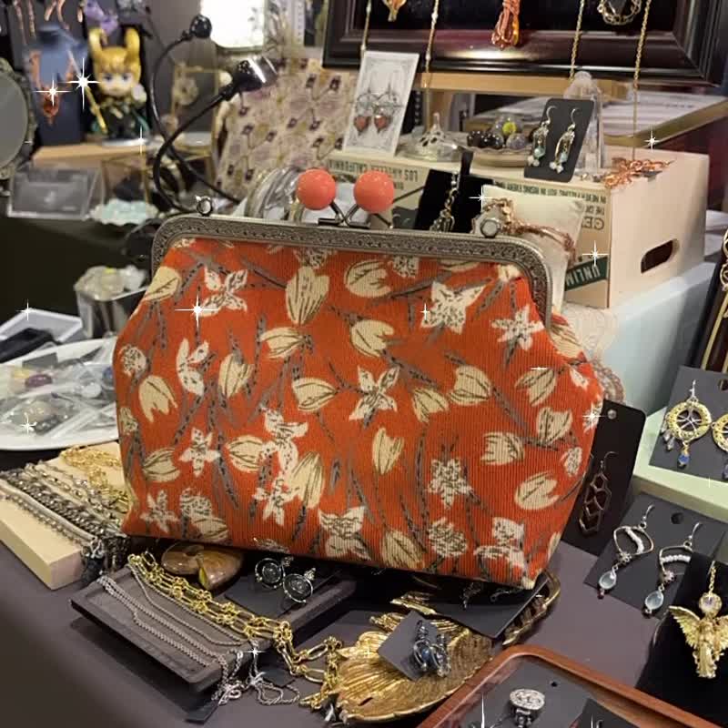 MBC Handmade Corduroy Orange Tulip 20cm Frame Kiss Lock Bag - Messenger Bags & Sling Bags - Cotton & Hemp Orange