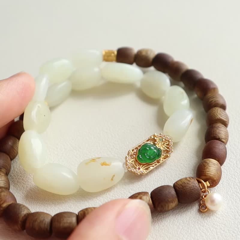 天然和田玉手鏈沉香手鏈銀鑲翡翠蓮花半山半水新中式手鏈好運連連 - 手鍊/手環 - 玉石 