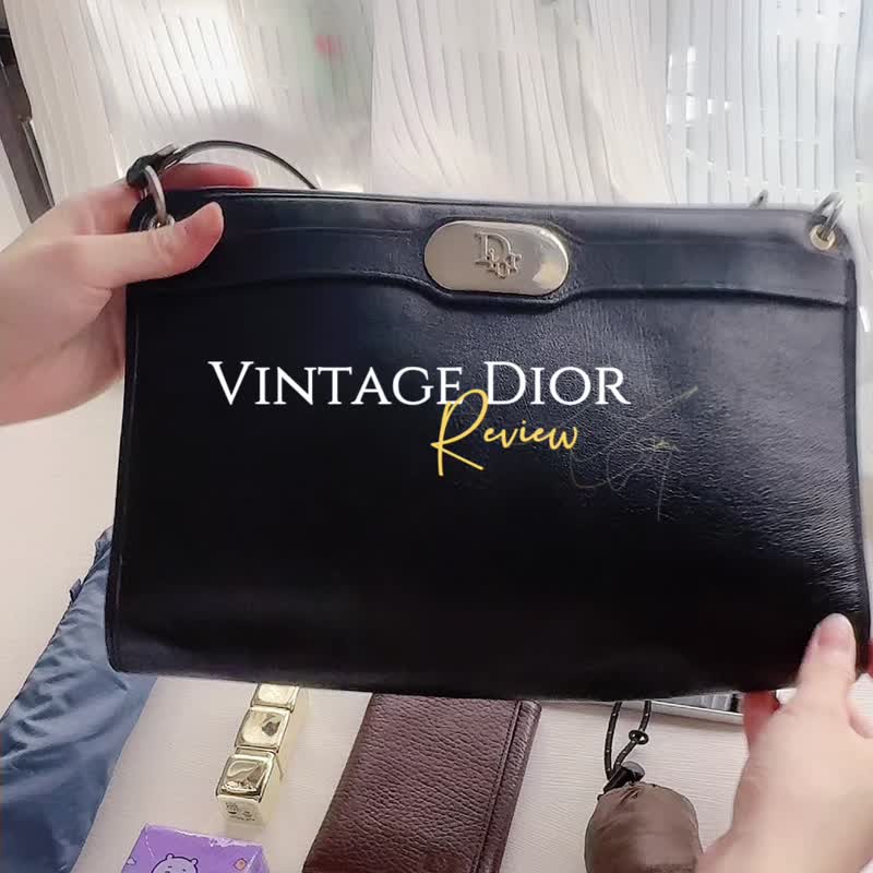中古正品 Christian Dior 法國製 牛皮側背包 銀扣 腋下包 iPad包 - 側背包/斜背包 - 真皮 黑色