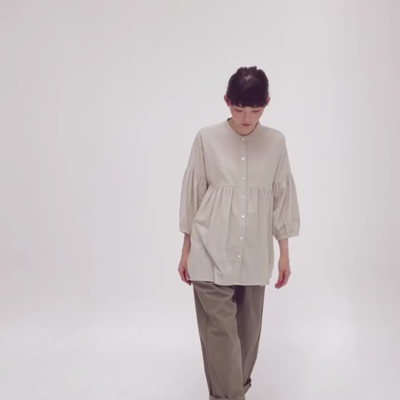 3/4 Sleeve Mandarin Collar Shirt - Beige - 女襯衫 - 亞麻 卡其色