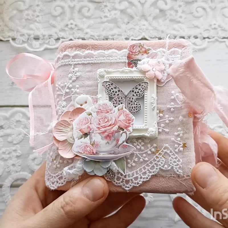 Pink Fabric flower junk journal handmade Small rose tea time notebook 10*10 cm - 筆記本/手帳 - 紙 粉紅色