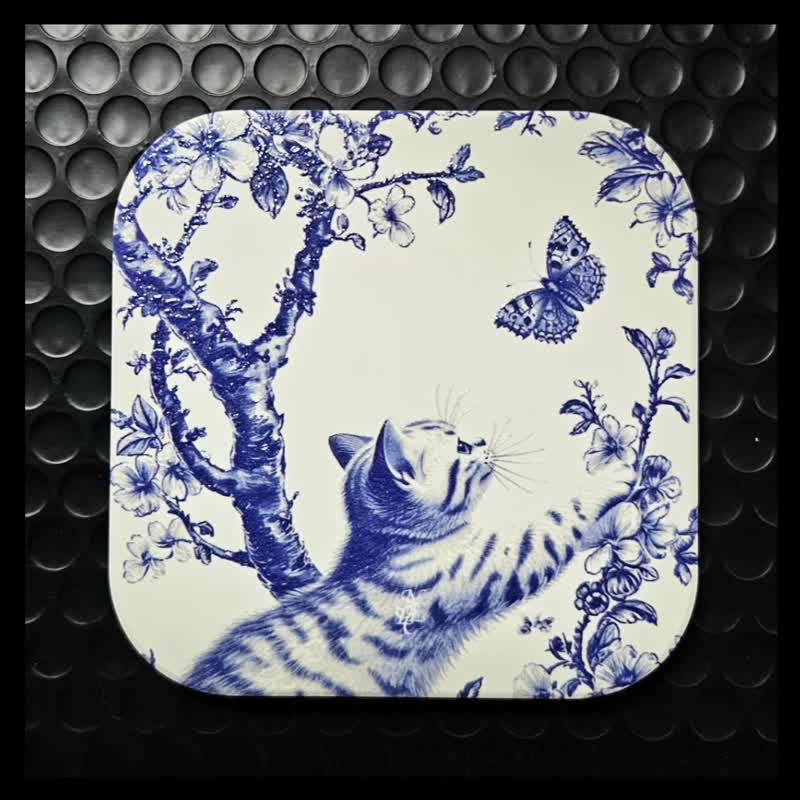 Blue and White Porcelain - Cat with Butterfly Crystal Carving  - Ceramic Coaster - Coasters - Pottery White