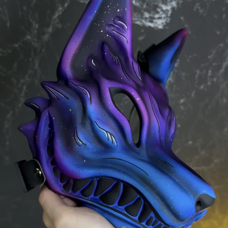 Japanese Kitsune mask - Purple and Blue wolf mask wearable, Japan Fox mask - Face Masks - Resin Purple